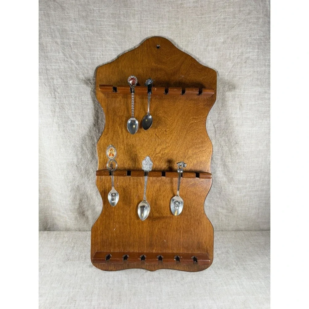 Vintage Wood Spoon Display Rack, 18 Slot Scalloped Wall Organizer